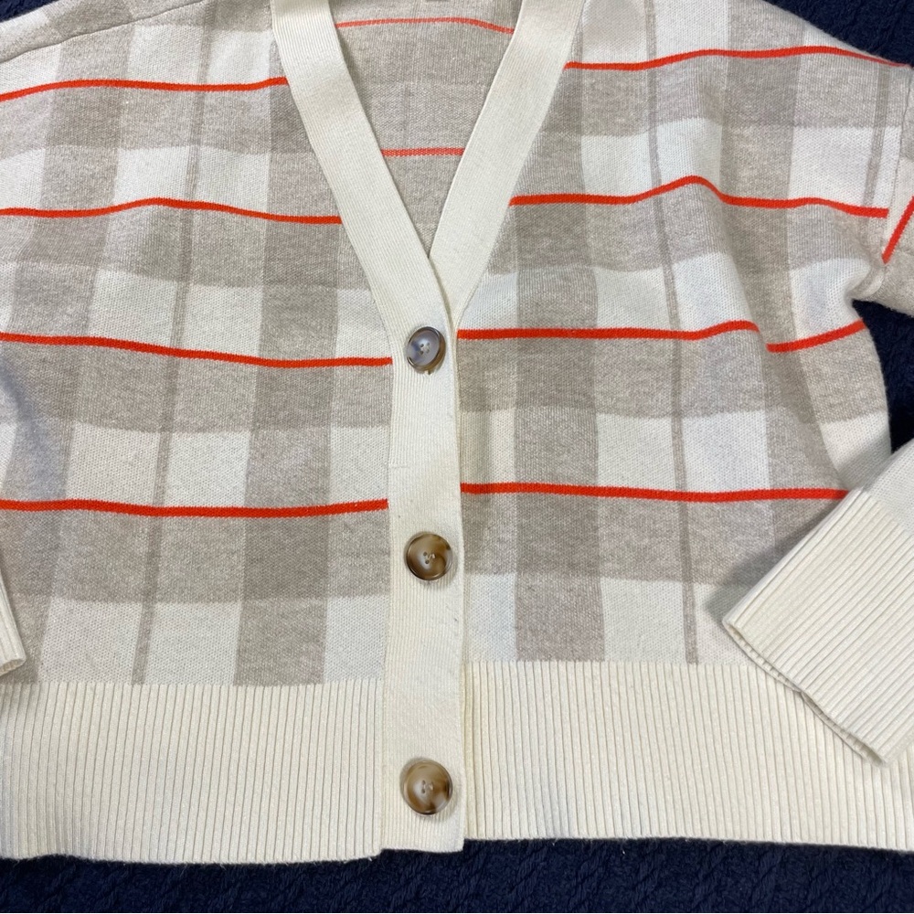 Cyrus Plaid Stripe Cardigan M – Soft Neutral Knit w/ Orange Lines Cozy Preppy - Picture 5 of 9
